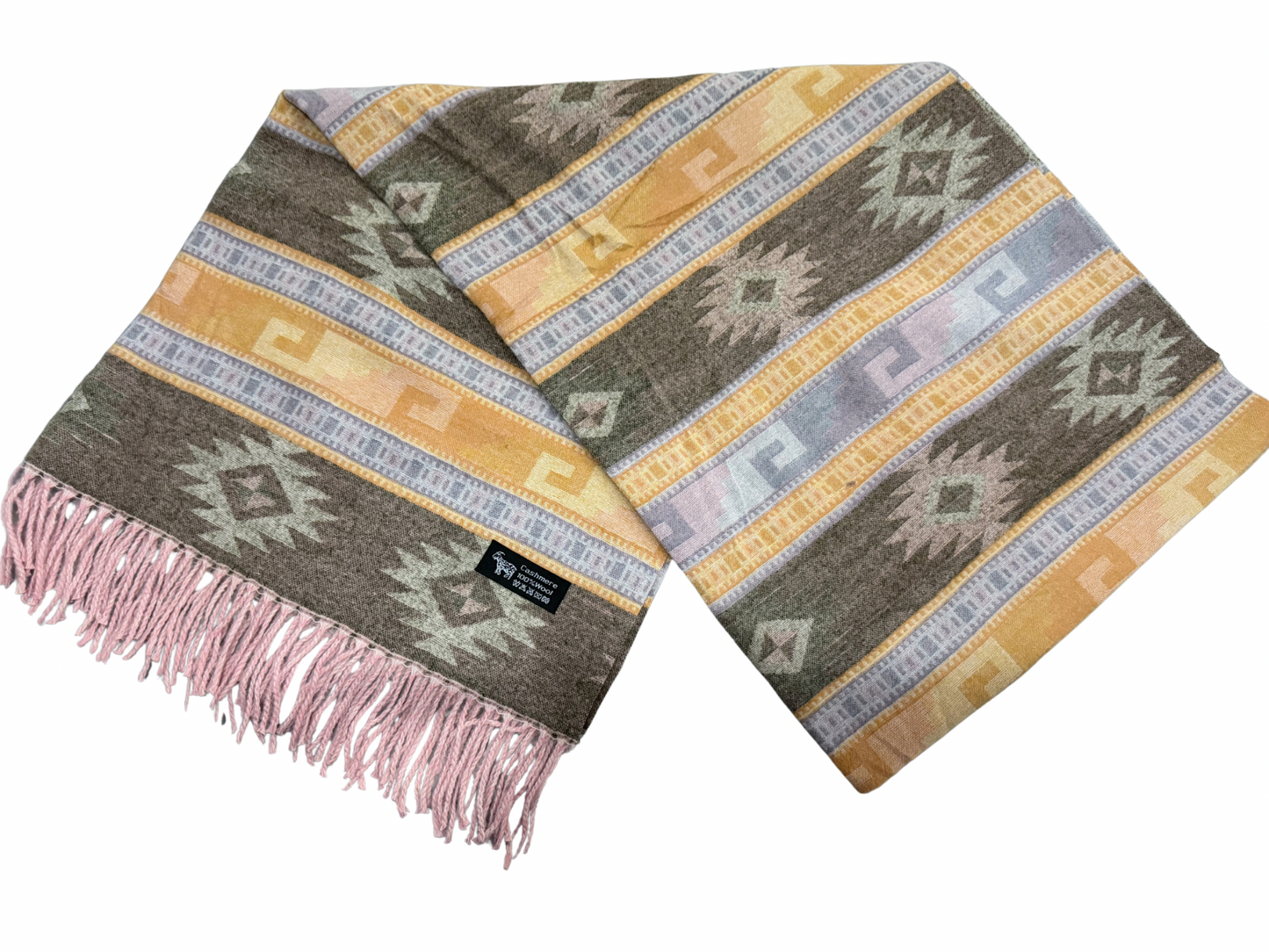 Filt från Nepal - beige, gråbrunt, ljuslila, gult och rosa med dekorativa etniska mönster samt rosa fransar